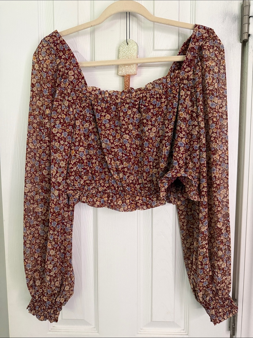Blu Pepper Brown Floral Off-Shoulder Long Sleeve Crop Top